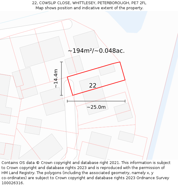 22, COWSLIP CLOSE, WHITTLESEY, PETERBOROUGH, PE7 2FL: Plot and title map