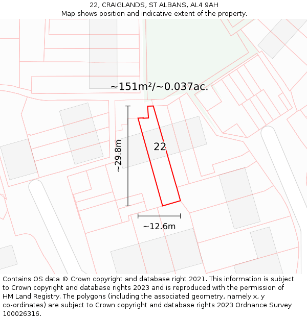 22, CRAIGLANDS, ST ALBANS, AL4 9AH: Plot and title map