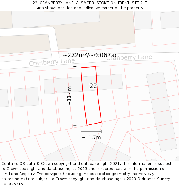 22, CRANBERRY LANE, ALSAGER, STOKE-ON-TRENT, ST7 2LE: Plot and title map