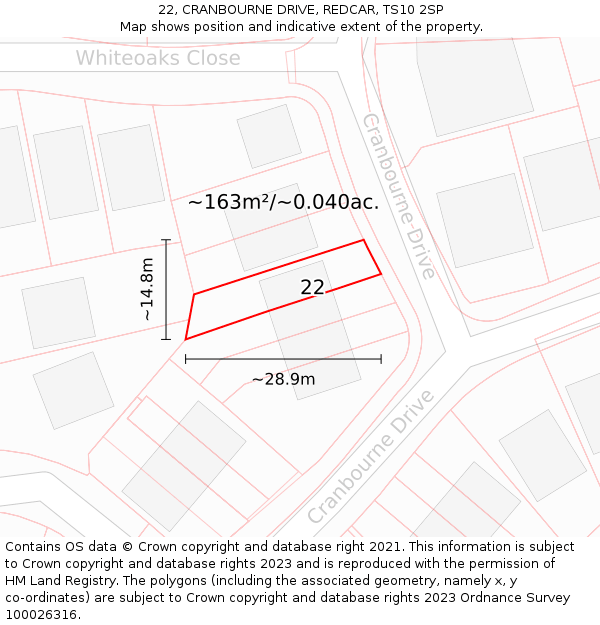 22, CRANBOURNE DRIVE, REDCAR, TS10 2SP: Plot and title map