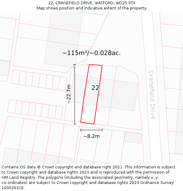 22, CRANEFIELD DRIVE, WATFORD, WD25 9TX: Plot and title map