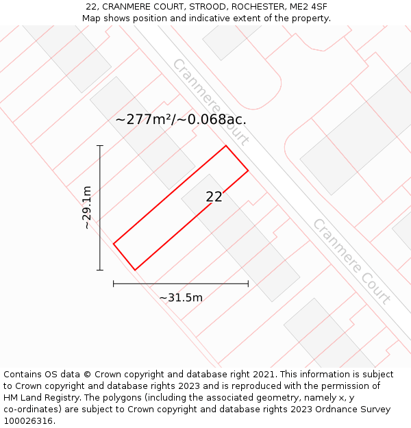 22, CRANMERE COURT, STROOD, ROCHESTER, ME2 4SF: Plot and title map