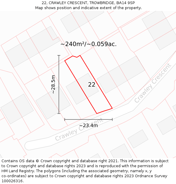 22, CRAWLEY CRESCENT, TROWBRIDGE, BA14 9SP: Plot and title map
