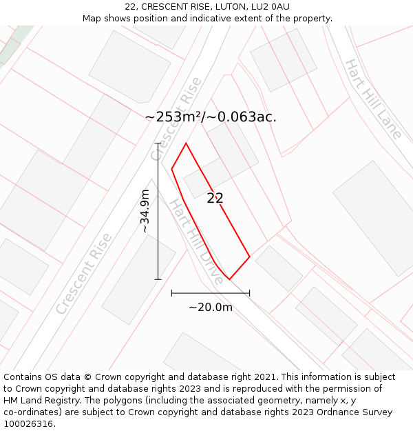 22, CRESCENT RISE, LUTON, LU2 0AU: Plot and title map