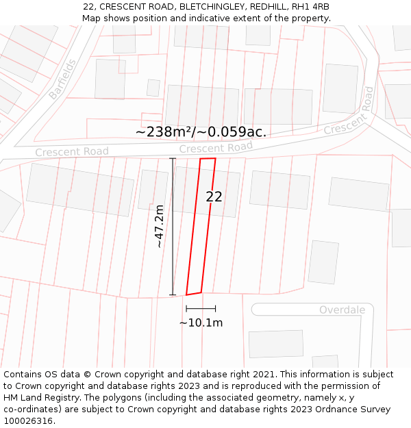 22, CRESCENT ROAD, BLETCHINGLEY, REDHILL, RH1 4RB: Plot and title map