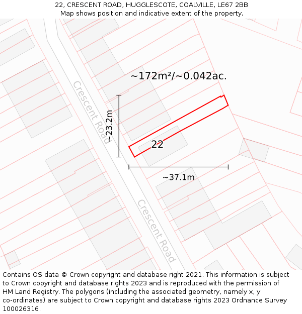22, CRESCENT ROAD, HUGGLESCOTE, COALVILLE, LE67 2BB: Plot and title map