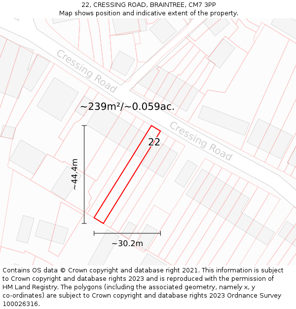 22, CRESSING ROAD, BRAINTREE, CM7 3PP: Plot and title map