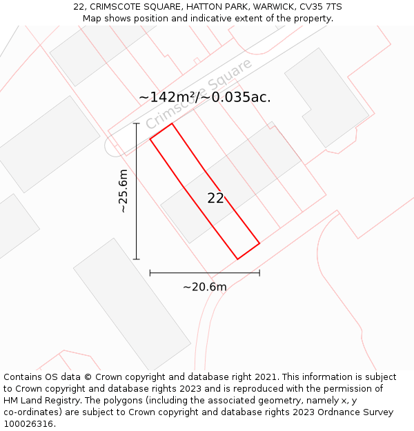 22, CRIMSCOTE SQUARE, HATTON PARK, WARWICK, CV35 7TS: Plot and title map
