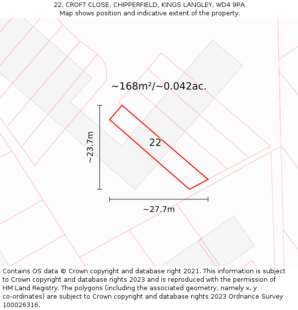22, CROFT CLOSE, CHIPPERFIELD, KINGS LANGLEY, WD4 9PA: Plot and title map