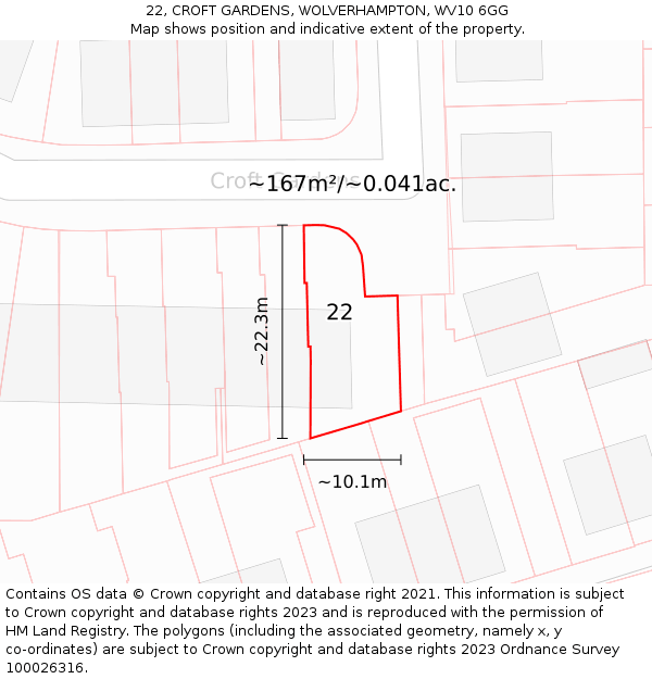 22, CROFT GARDENS, WOLVERHAMPTON, WV10 6GG: Plot and title map