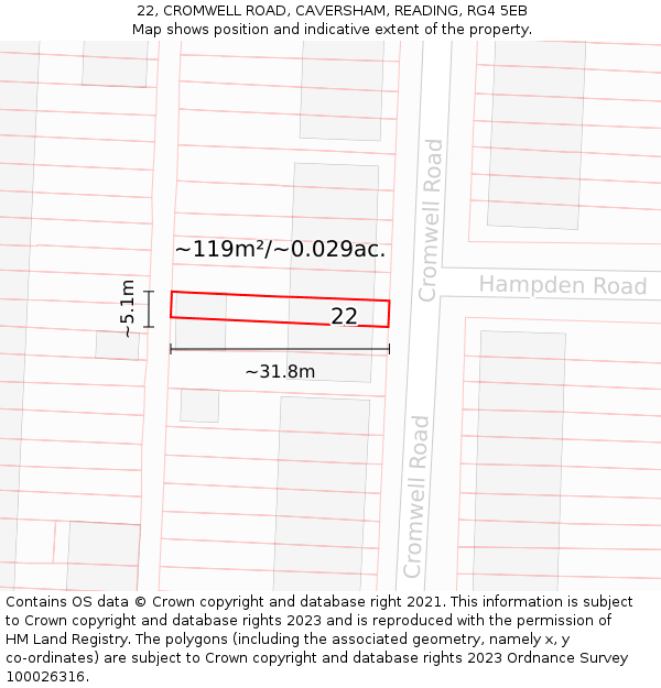 22, CROMWELL ROAD, CAVERSHAM, READING, RG4 5EB: Plot and title map