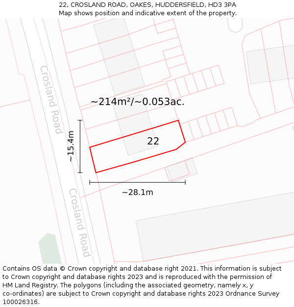 22, CROSLAND ROAD, OAKES, HUDDERSFIELD, HD3 3PA: Plot and title map