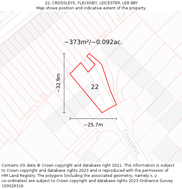 22, CROSSLEYS, FLECKNEY, LEICESTER, LE8 8BY: Plot and title map