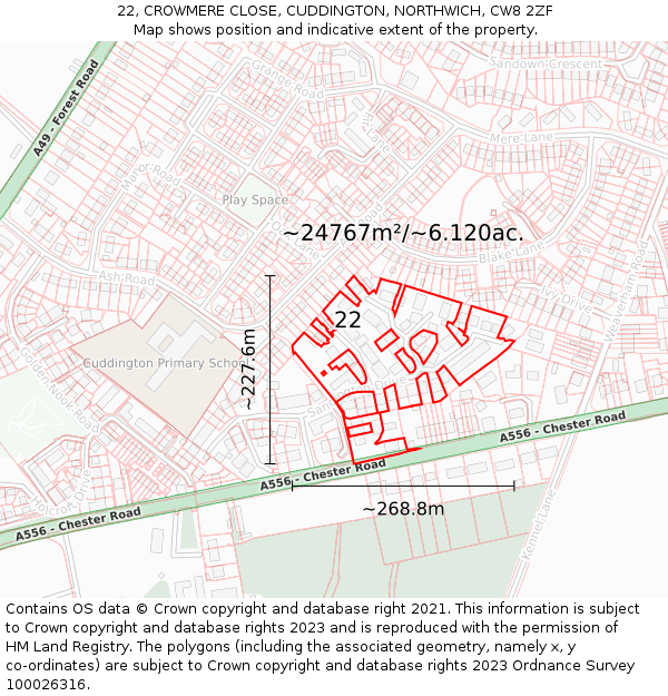 22, CROWMERE CLOSE, CUDDINGTON, NORTHWICH, CW8 2ZF: Plot and title map