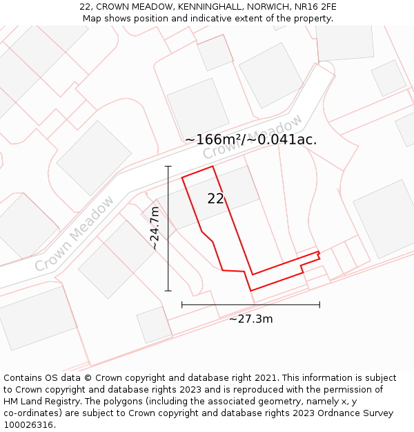 22, CROWN MEADOW, KENNINGHALL, NORWICH, NR16 2FE: Plot and title map