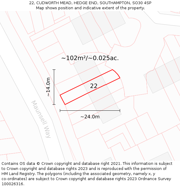 22, CUDWORTH MEAD, HEDGE END, SOUTHAMPTON, SO30 4SP: Plot and title map
