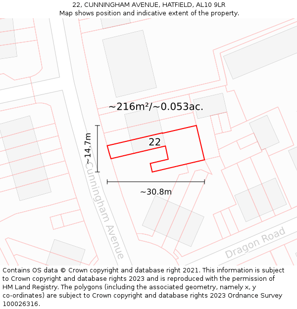 22, CUNNINGHAM AVENUE, HATFIELD, AL10 9LR: Plot and title map