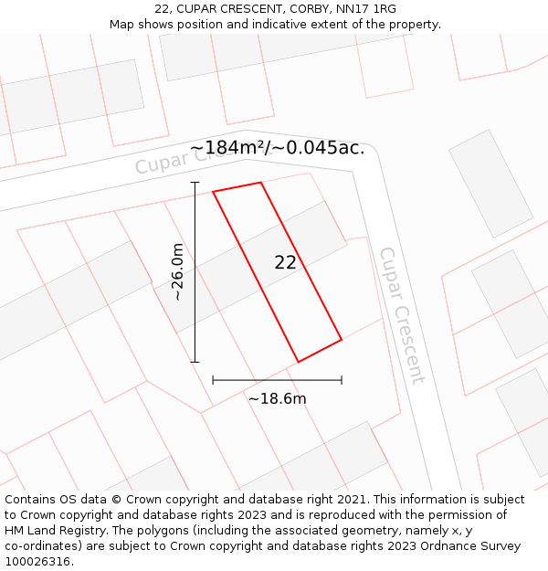 22, CUPAR CRESCENT, CORBY, NN17 1RG: Plot and title map