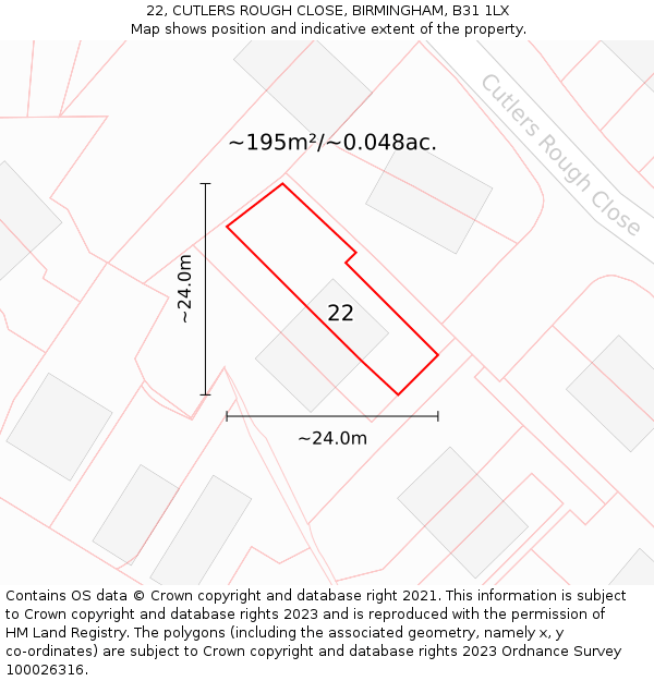 22, CUTLERS ROUGH CLOSE, BIRMINGHAM, B31 1LX: Plot and title map