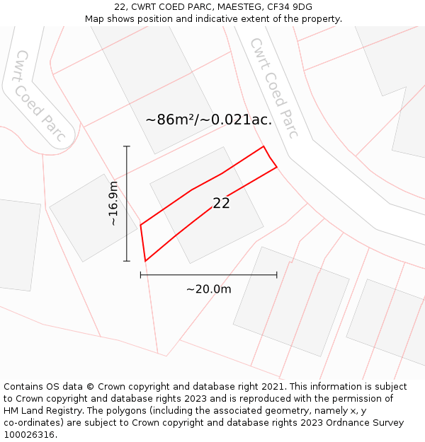 22, CWRT COED PARC, MAESTEG, CF34 9DG: Plot and title map