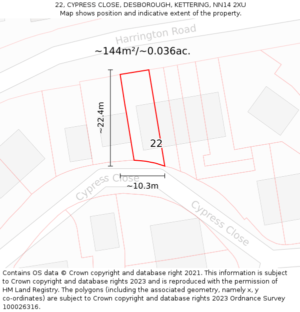 22, CYPRESS CLOSE, DESBOROUGH, KETTERING, NN14 2XU: Plot and title map