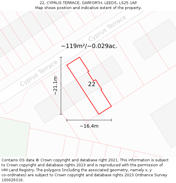 22, CYPRUS TERRACE, GARFORTH, LEEDS, LS25 1AP: Plot and title map