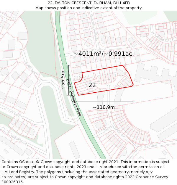22, DALTON CRESCENT, DURHAM, DH1 4FB: Plot and title map