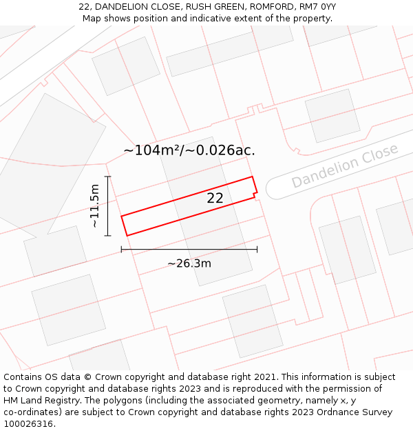 22, DANDELION CLOSE, RUSH GREEN, ROMFORD, RM7 0YY: Plot and title map