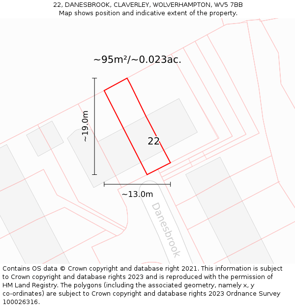 22, DANESBROOK, CLAVERLEY, WOLVERHAMPTON, WV5 7BB: Plot and title map