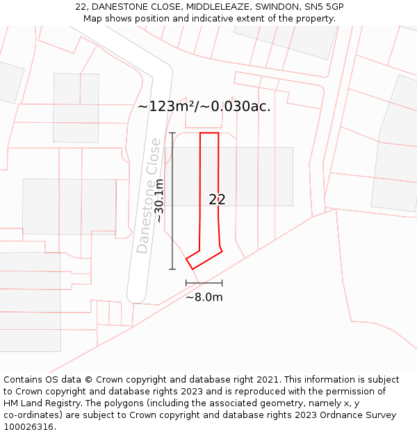 22, DANESTONE CLOSE, MIDDLELEAZE, SWINDON, SN5 5GP: Plot and title map