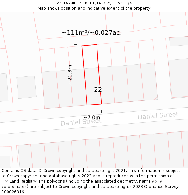 22, DANIEL STREET, BARRY, CF63 1QX: Plot and title map
