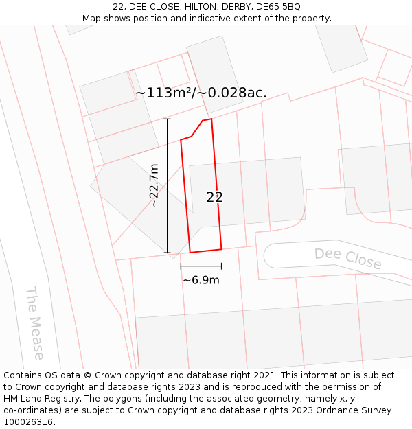22, DEE CLOSE, HILTON, DERBY, DE65 5BQ: Plot and title map