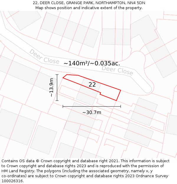 22, DEER CLOSE, GRANGE PARK, NORTHAMPTON, NN4 5DN: Plot and title map