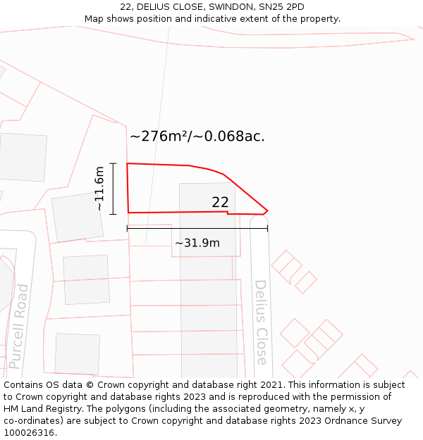 22, DELIUS CLOSE, SWINDON, SN25 2PD: Plot and title map