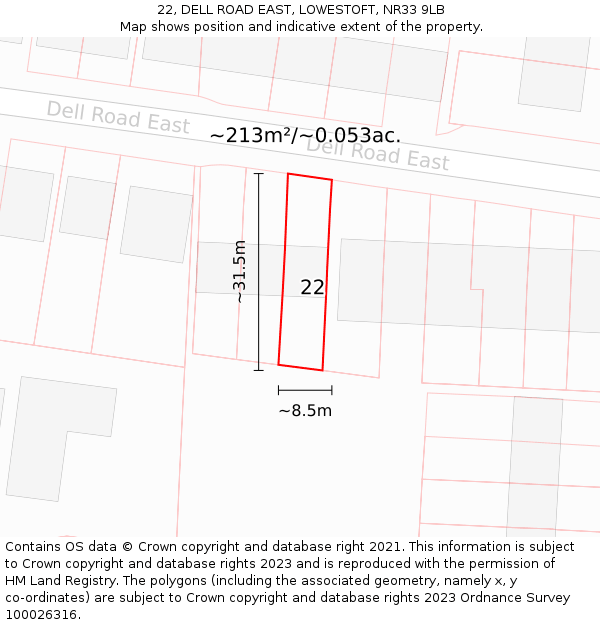 22, DELL ROAD EAST, LOWESTOFT, NR33 9LB: Plot and title map