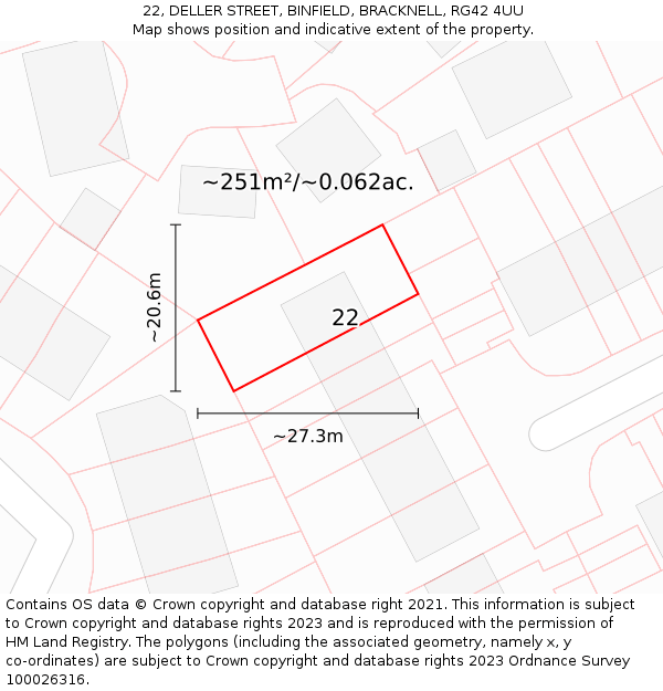 22, DELLER STREET, BINFIELD, BRACKNELL, RG42 4UU: Plot and title map