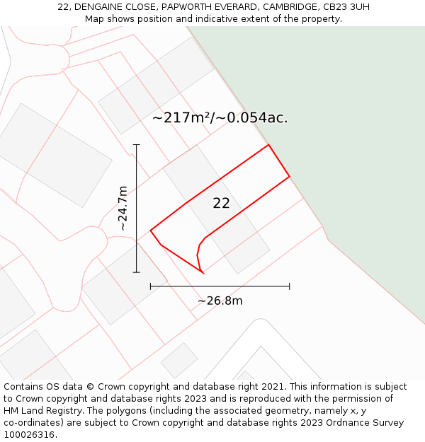 22, DENGAINE CLOSE, PAPWORTH EVERARD, CAMBRIDGE, CB23 3UH: Plot and title map