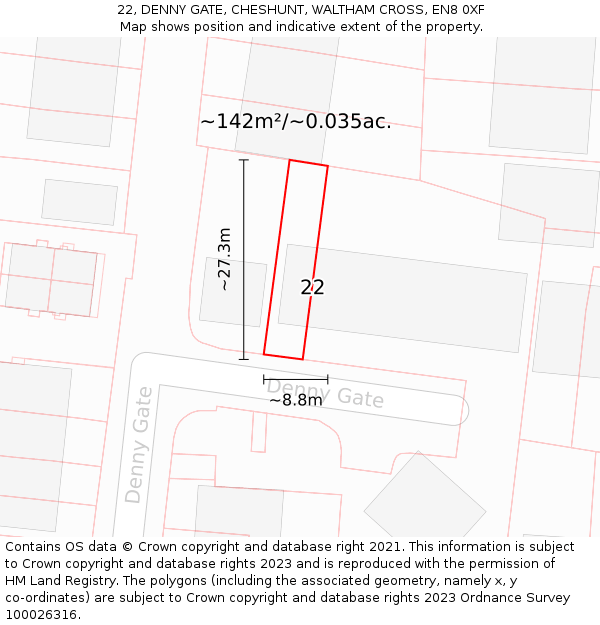 22, DENNY GATE, CHESHUNT, WALTHAM CROSS, EN8 0XF: Plot and title map