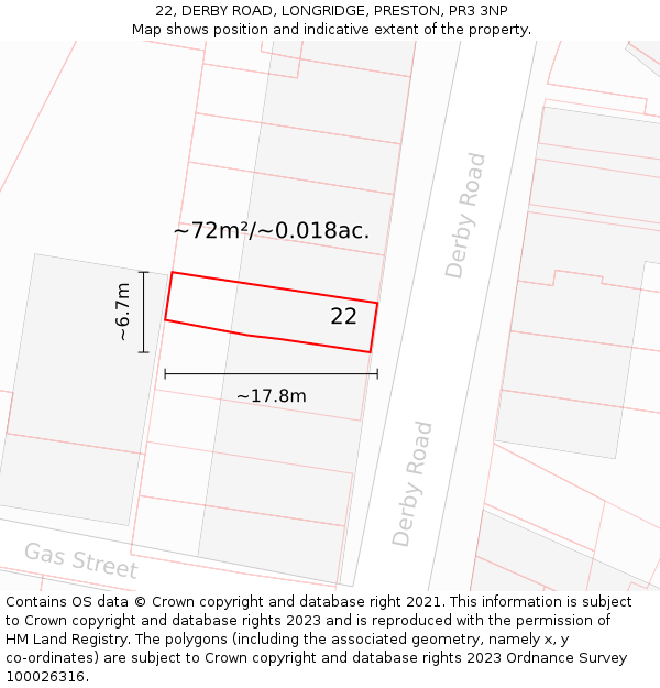 22, DERBY ROAD, LONGRIDGE, PRESTON, PR3 3NP: Plot and title map