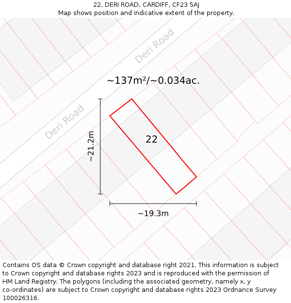 22, DERI ROAD, CARDIFF, CF23 5AJ: Plot and title map
