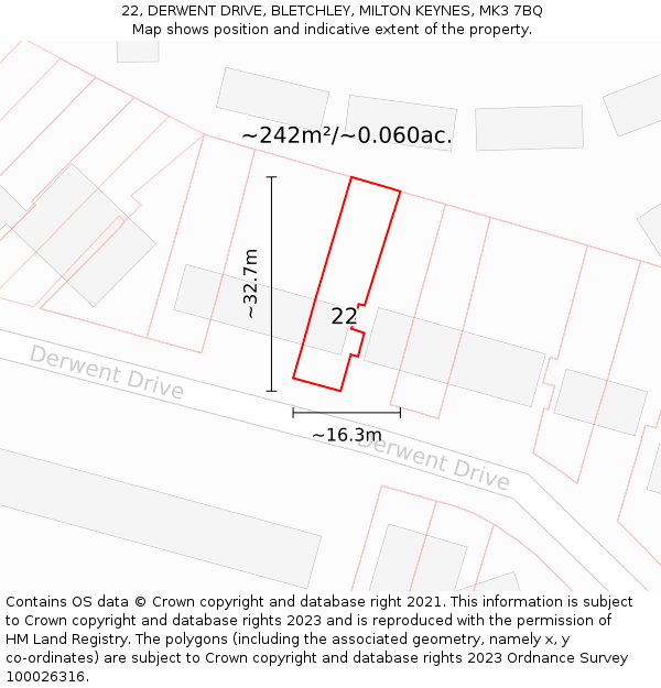 22, DERWENT DRIVE, BLETCHLEY, MILTON KEYNES, MK3 7BQ: Plot and title map