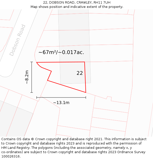 22, DOBSON ROAD, CRAWLEY, RH11 7UH: Plot and title map