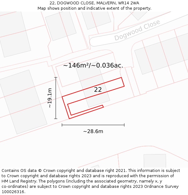 22, DOGWOOD CLOSE, MALVERN, WR14 2WA: Plot and title map