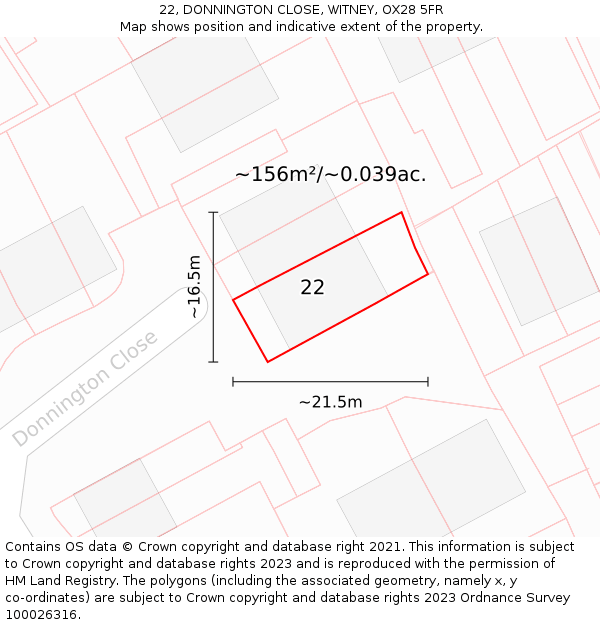 22, DONNINGTON CLOSE, WITNEY, OX28 5FR: Plot and title map