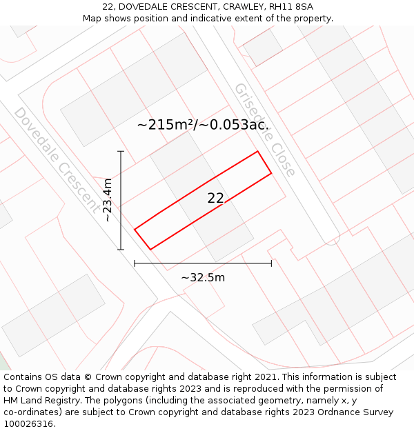 22, DOVEDALE CRESCENT, CRAWLEY, RH11 8SA: Plot and title map