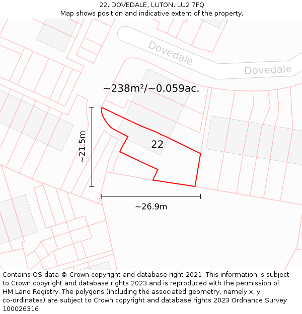 22, DOVEDALE, LUTON, LU2 7FQ: Plot and title map