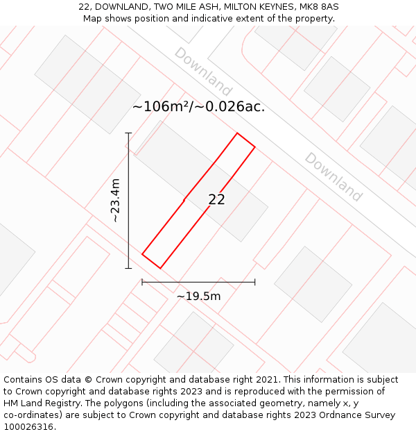 22, DOWNLAND, TWO MILE ASH, MILTON KEYNES, MK8 8AS: Plot and title map