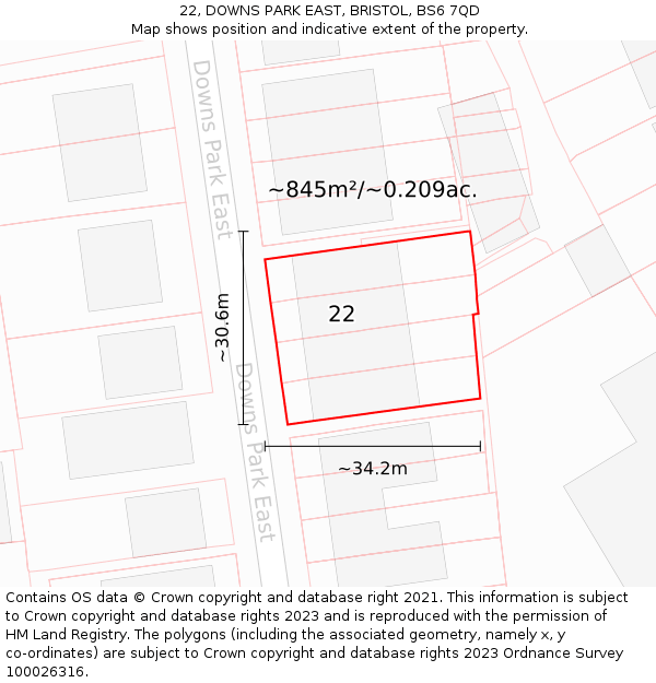 22, DOWNS PARK EAST, BRISTOL, BS6 7QD: Plot and title map