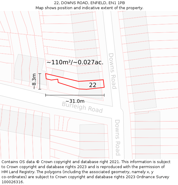 22, DOWNS ROAD, ENFIELD, EN1 1PB: Plot and title map