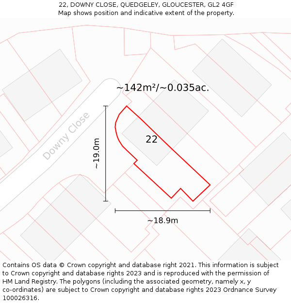 22, DOWNY CLOSE, QUEDGELEY, GLOUCESTER, GL2 4GF: Plot and title map